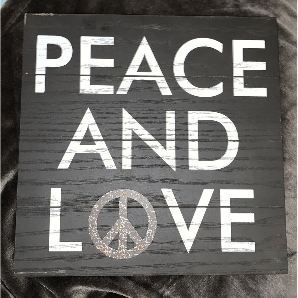 PEACE AND LOVE Wood Sign. Dark Brown/White. Peace Sign